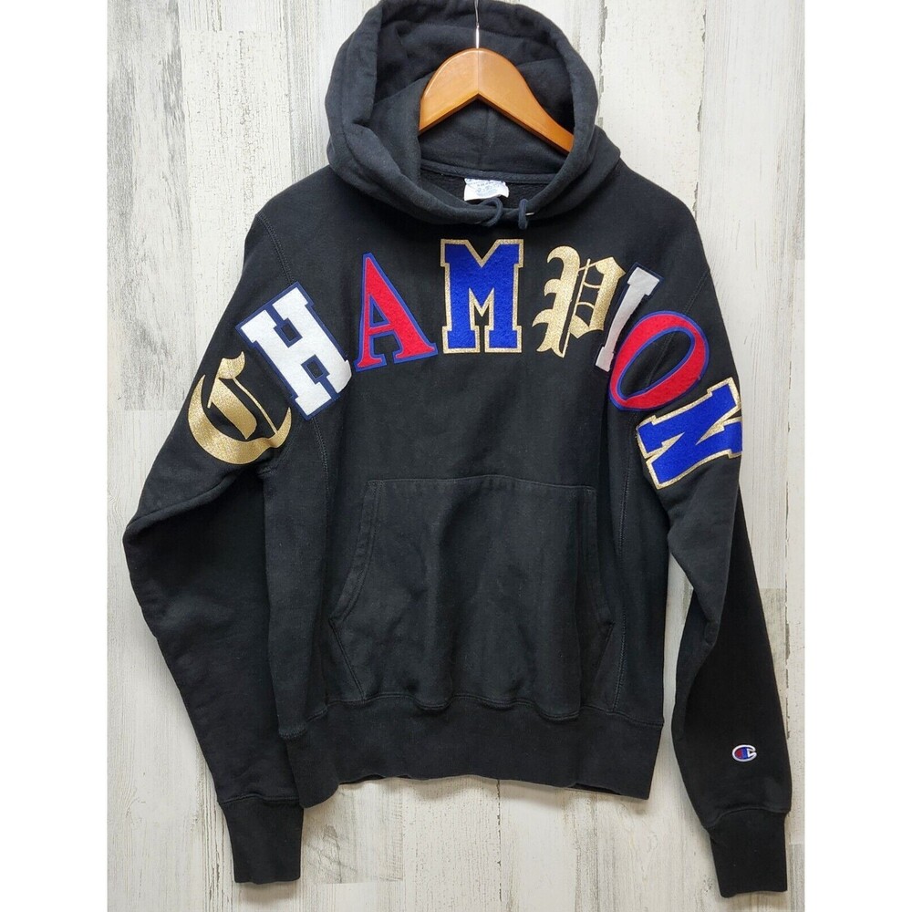 Vintage Champion Hoodie  Men Smal Black Big Spell Out Script Streetwear Y2K